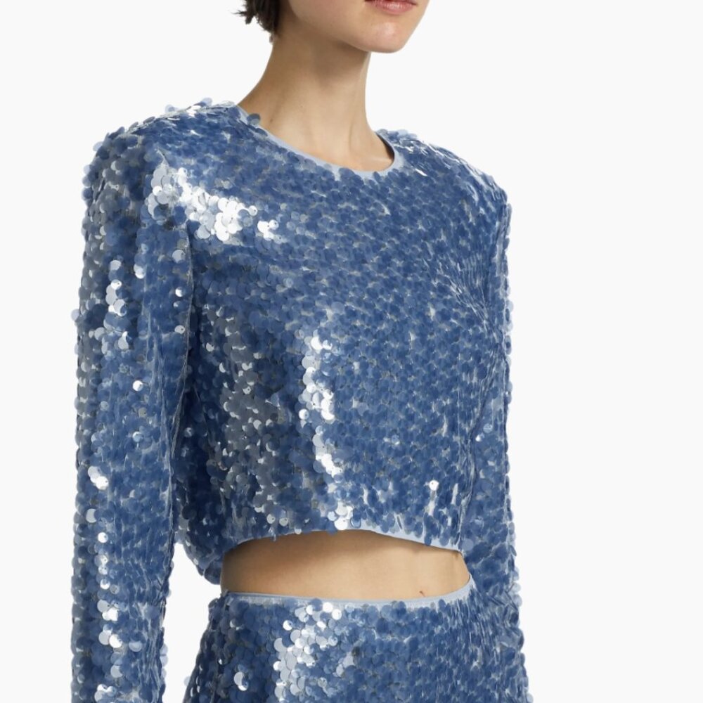 TOCCIN Anaya Sequined Long-Sleeve Top STEEL BLUE MULTI Sz 6